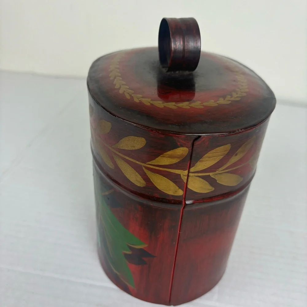 Vintage toile hand-painted tin oval box-signed-grape design